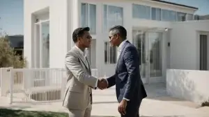 a confident investor shakes hands with a real estate agent in front of a new property under a clear blue sky.