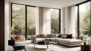 a neatly arranged living room in a modern apartment showcasing elegant interior design and natural light flowing through large windows.